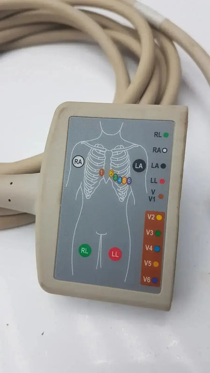 Beige multi-link ecg ttrunk cable by ge with gray display panel showing chest anatomy and colored electrode markers