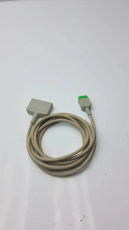 Beige coiled multi-link ecg ttrunk cable by ge with rectangular gray and smaller green-gray connectors for reliable connections