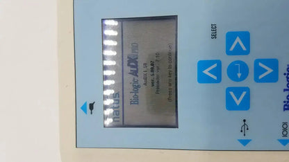 The screen displays a blue button bio-logic audx pro device showing version 5.08 and preloader version 7.10 in natus bio-logic audx