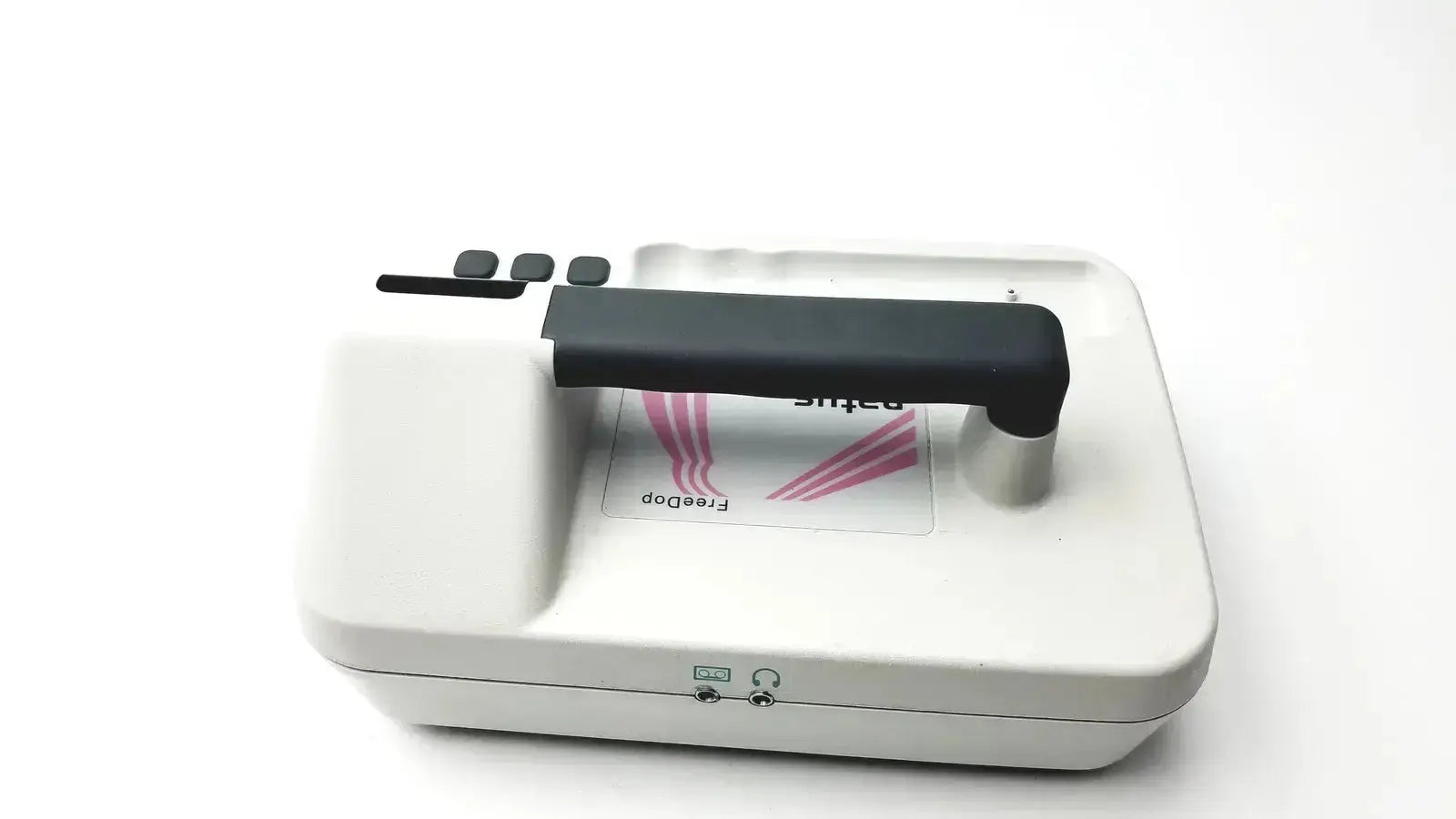 White handheld device with black handle and buttons featuring pink logo from natus neurology freedop dr00128 g-bbac5-1f