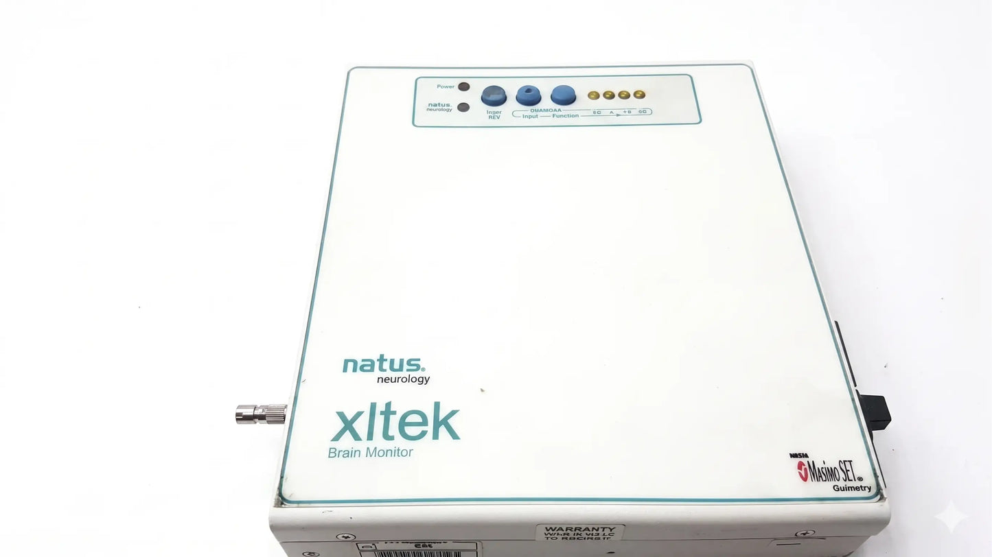 White rectangular Natus Neurology XLTEK brain monitor with blue and gold control buttons for reuse medical equipment