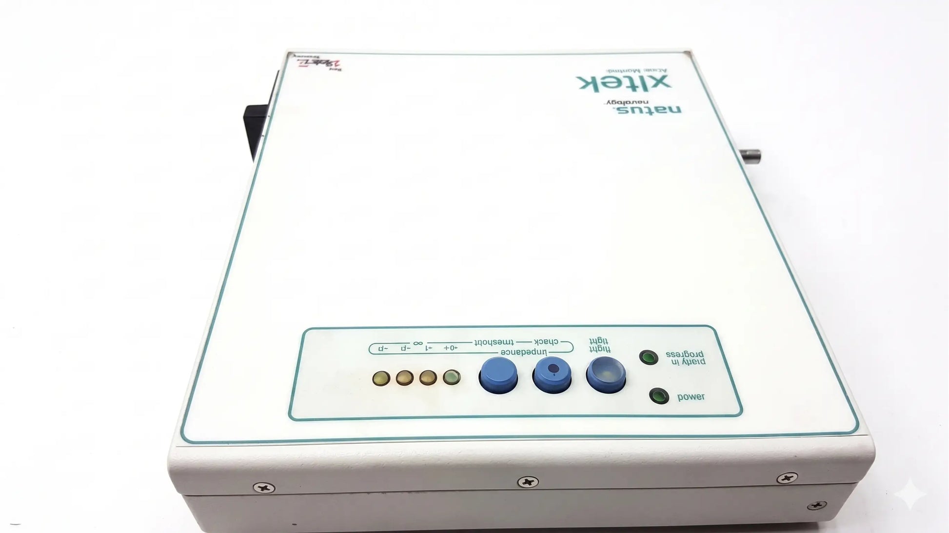 White rectangular brain monitor with teal branding and blue control panel knobs by natus neurology xltek for reuse medical equipment