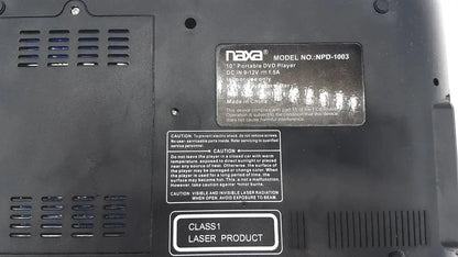 Black plastic naxa 10 inch portable dvd player npd 1003 with ventilation grilles and class 1 laser label