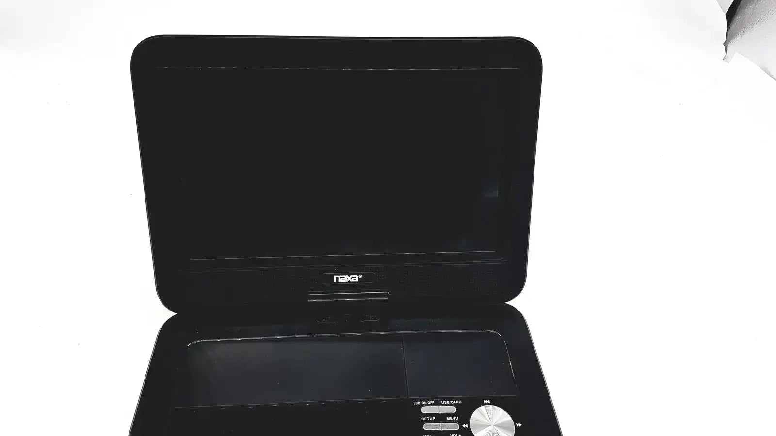 Black naxa 10 portable dvd player model no npd-1003 with flip-up screen and front panel control buttons for easy use