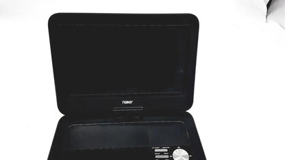 Black naxa 10 portable dvd player model no npd-1003 with flip-up screen and front panel control buttons for easy use