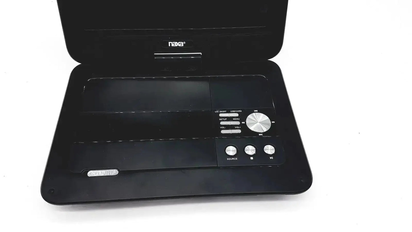Black nava naxa 10 inch portable dvd player with sleek compact design and silver control buttons model npd 1003