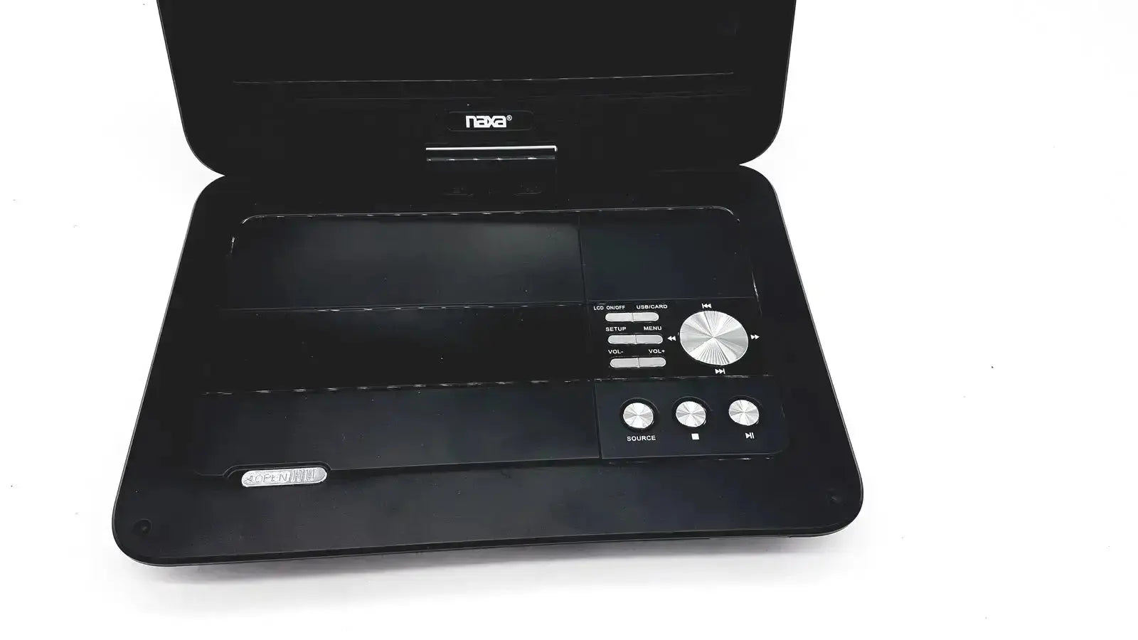 Black nava naxa 10 inch portable dvd player with sleek compact design and silver control buttons model npd 1003