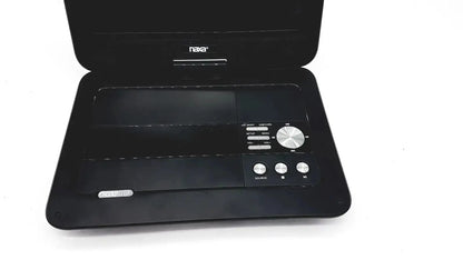 Black nava naxa 10 inch portable dvd player with sleek compact design and silver control buttons model npd 1003