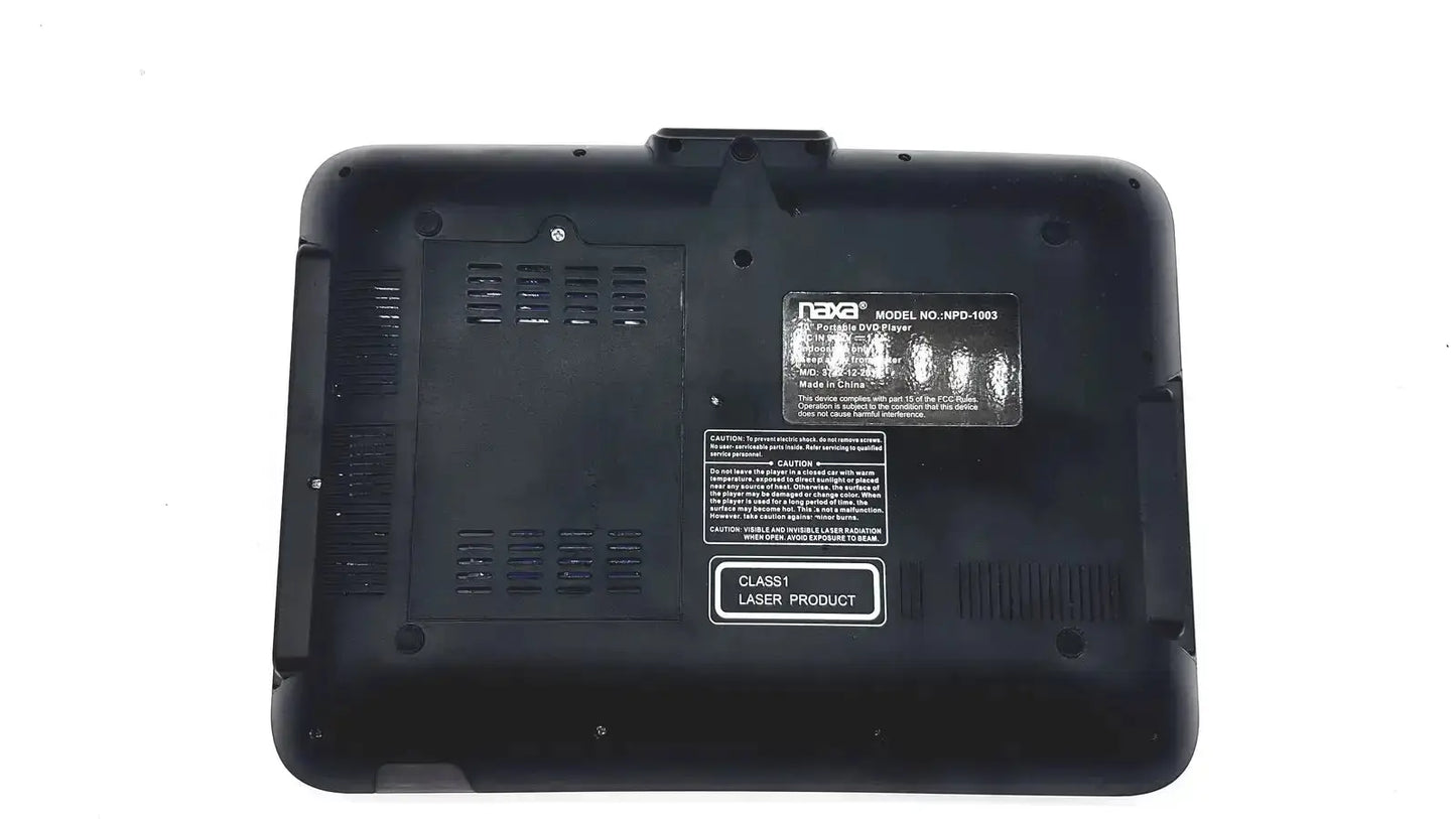 Back side of black nava model npd-1083 laser pointer with matte finish and ventilation grilles on naxa portable dvd player