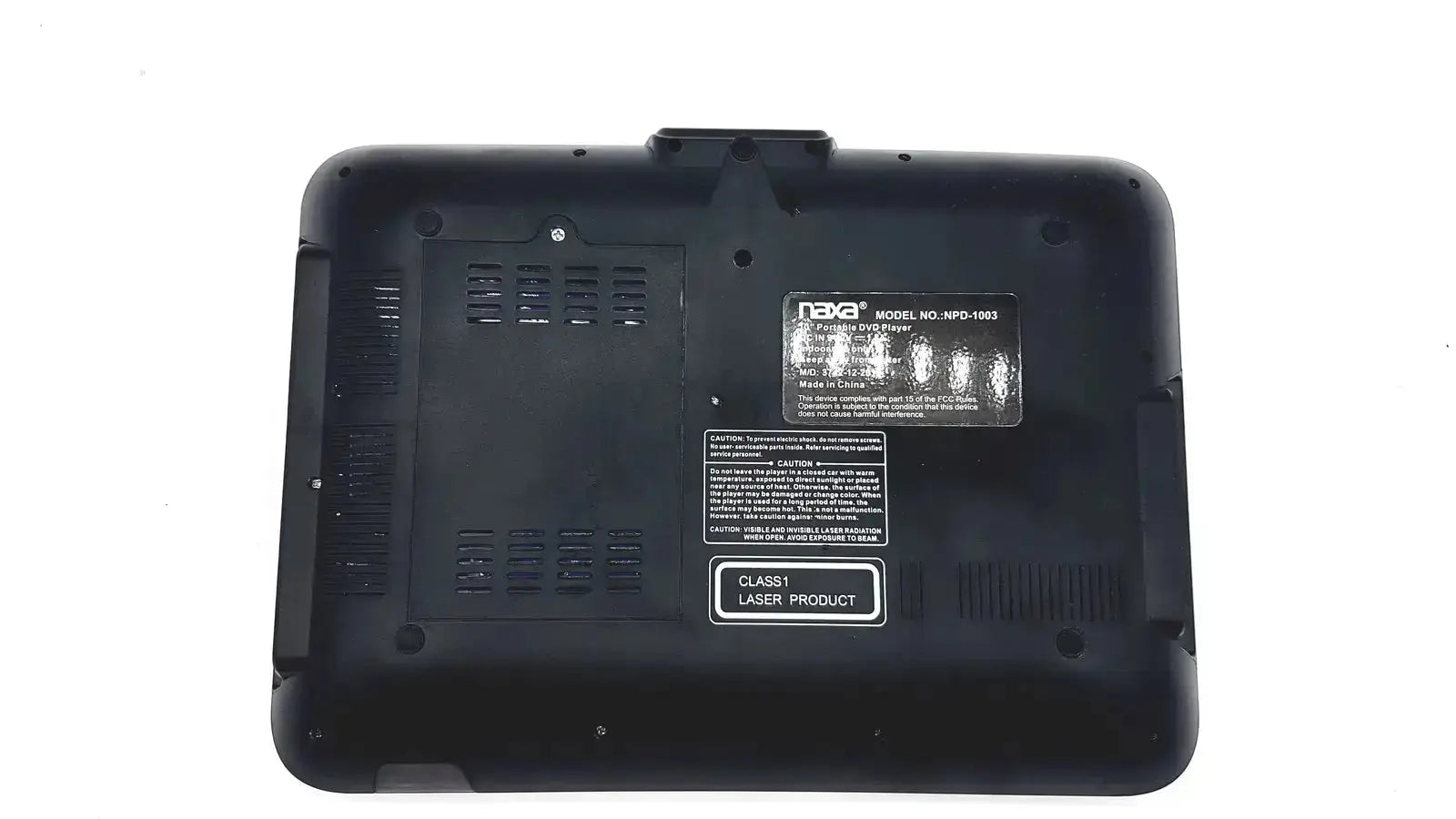 Back side of black nava model npd-1083 laser pointer with matte finish and ventilation grilles on naxa portable dvd player