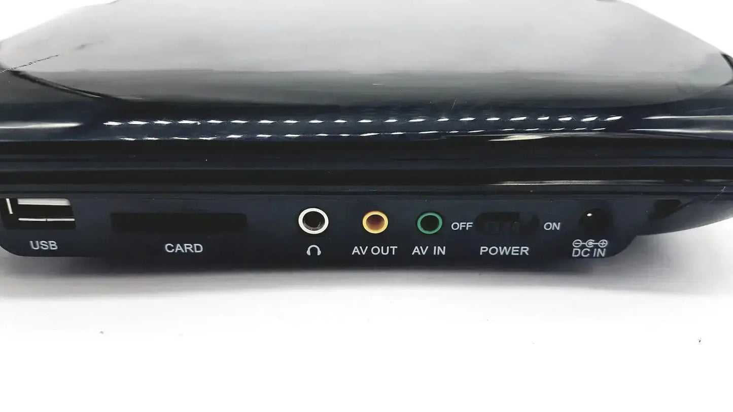 Black plastic portable dvd player naxa 10 inch model npd-1003 with usb card slot audio video ports and power buttons shown from back side
