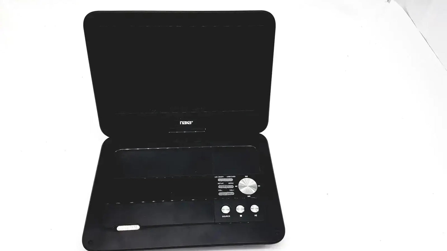 Black Naxa 10 inch portable dvd player with silver control dial and buttons for on the go dvd playback