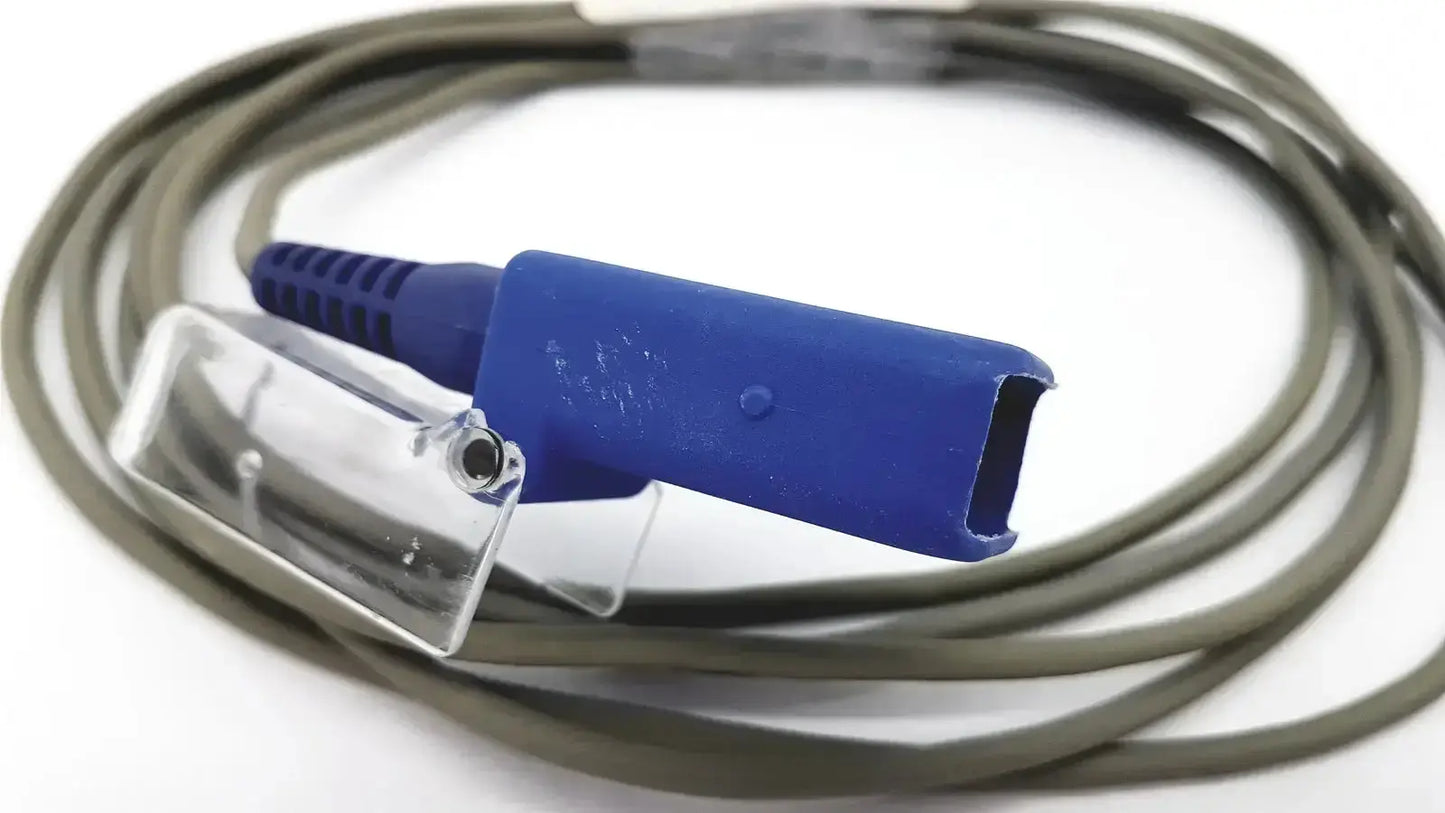 Blue plastic Nellcor DEC-8 adapter extension spo2 cable with clear clip and gray cable for pulse oximeter probe use