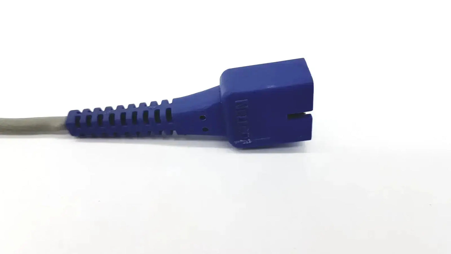 Blue plastic Nellcor DEC-8 adapter extension spo2 cable connector with ribbed texture and rectangular shape