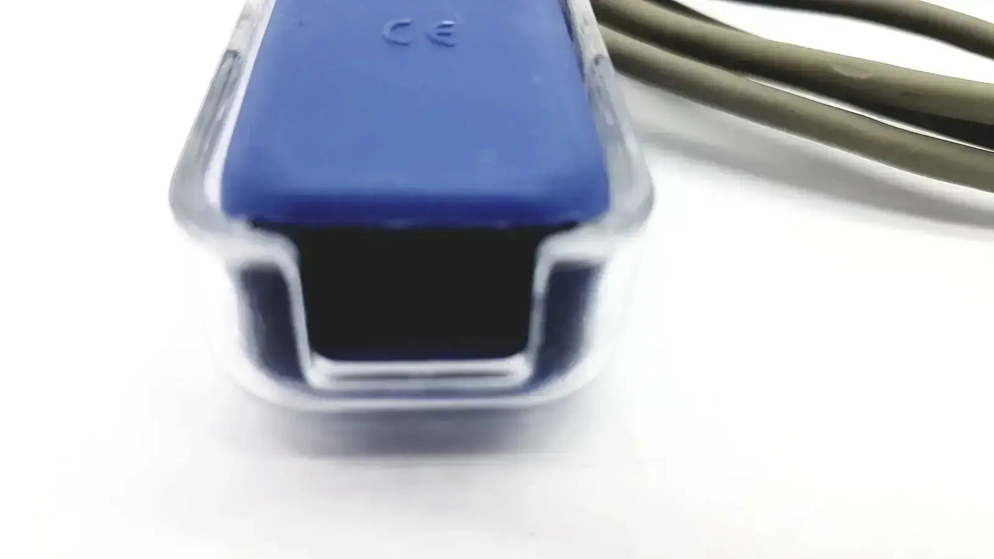 Blue plastic Nellcor DEC-8 adapter extension spo2 cable with clear protective casing and attached extension spo2 cable