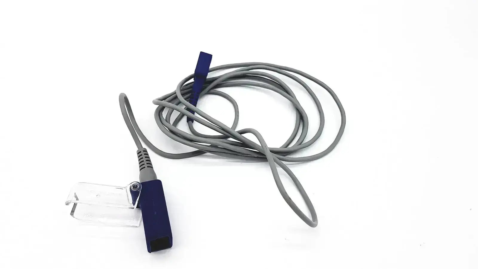 Blue pulse oximeter clip with clear plastic finger sensor and gray coiled cable for nellcor dec-8 adapter extension use