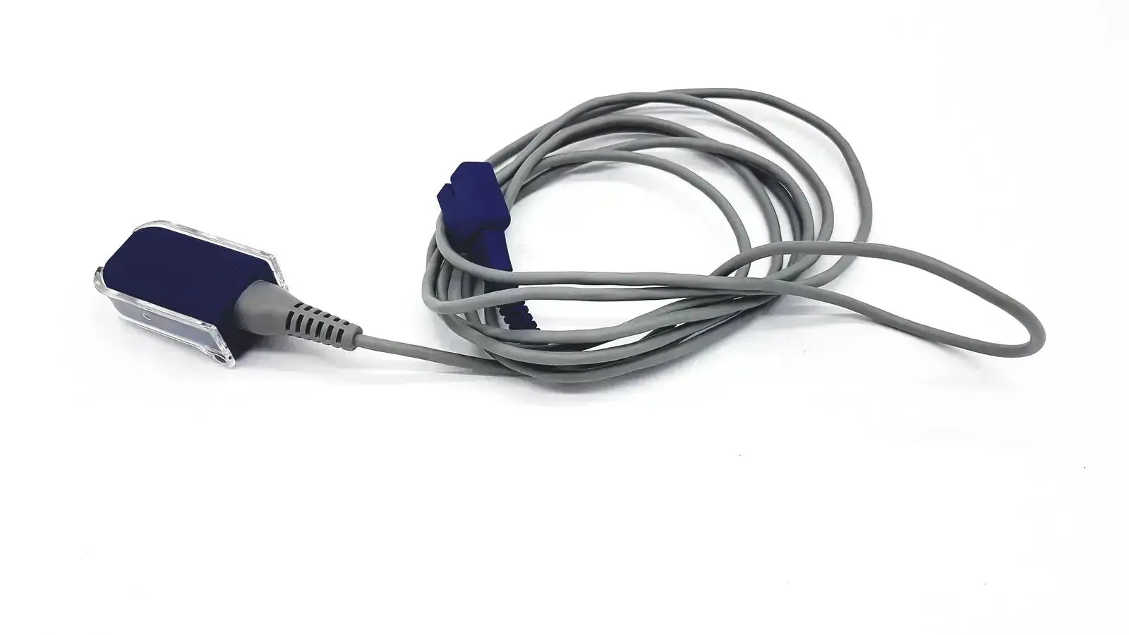Gray nellcor dec-8 adapter extension spo2 cable with blue and silver sensor attachment for medical monitoring use