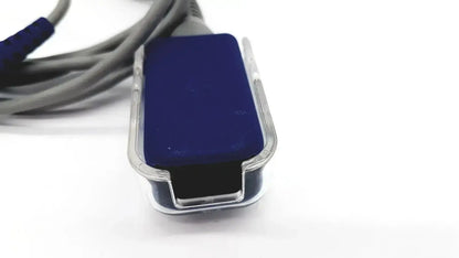 Blue pulse oximeter clip with clear plastic casing and gray cables for nellcor dec-8 adapter extension use
