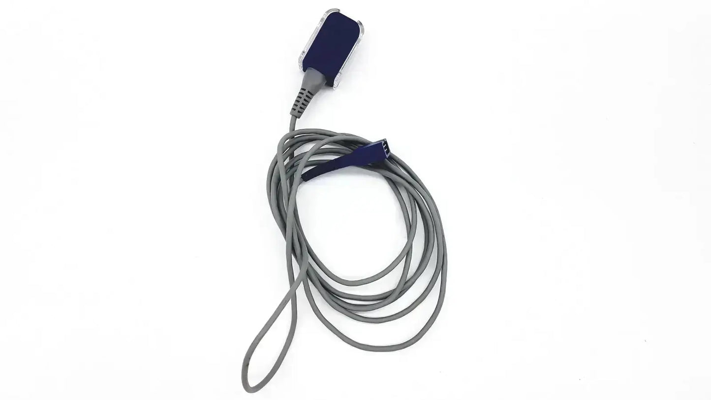 Gray coiled adapter extension cable with blue and gray sensor head for nellcor dec-8 medical monitoring device