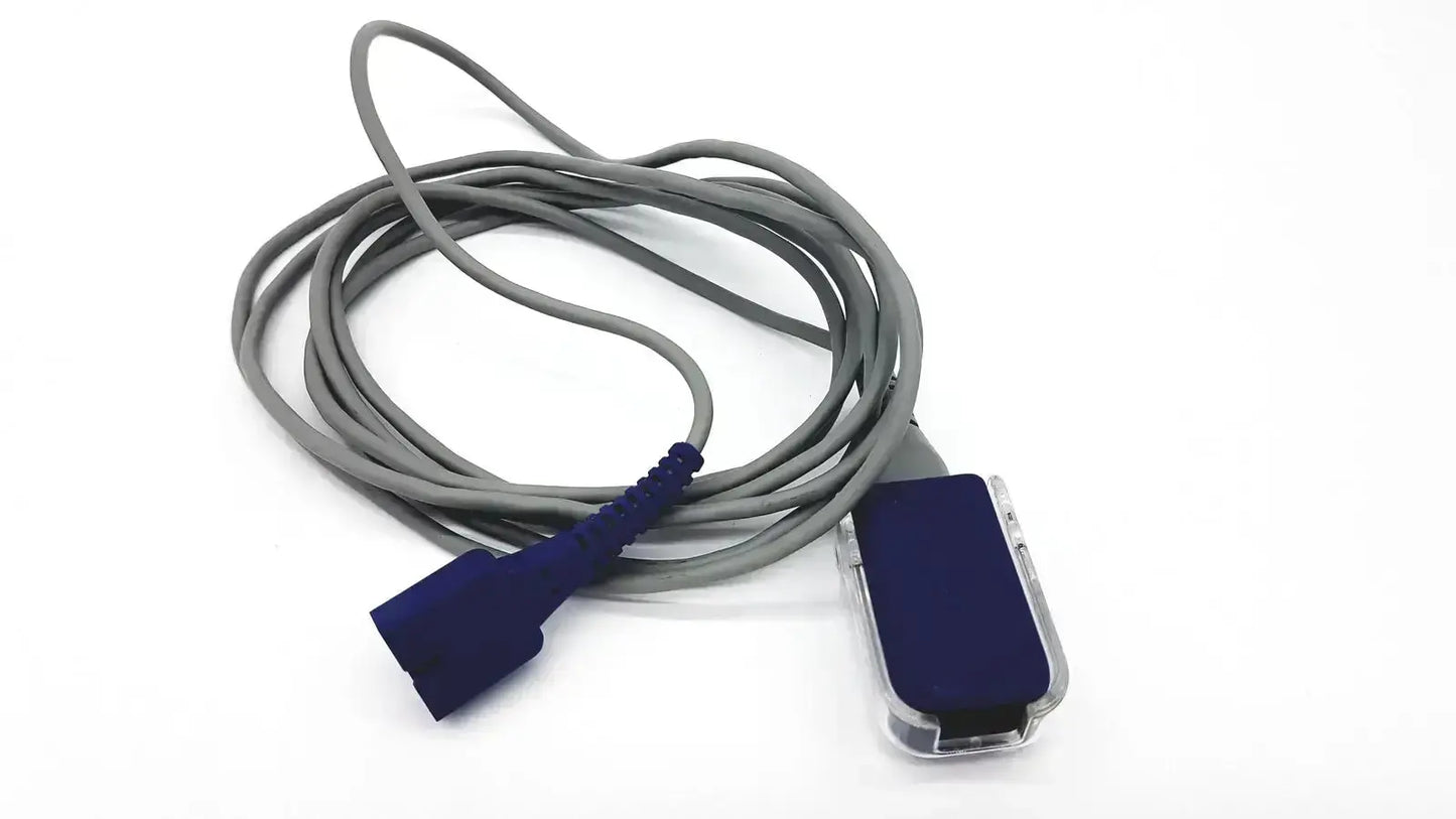 Gray coiled adapter extension cable with blue connector and transparent housing for nellcor dec-8 sensor pad
