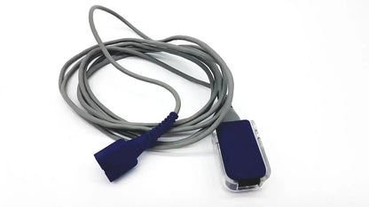 Gray coiled adapter extension cable with blue connector and transparent housing for nellcor dec-8 sensor pad
