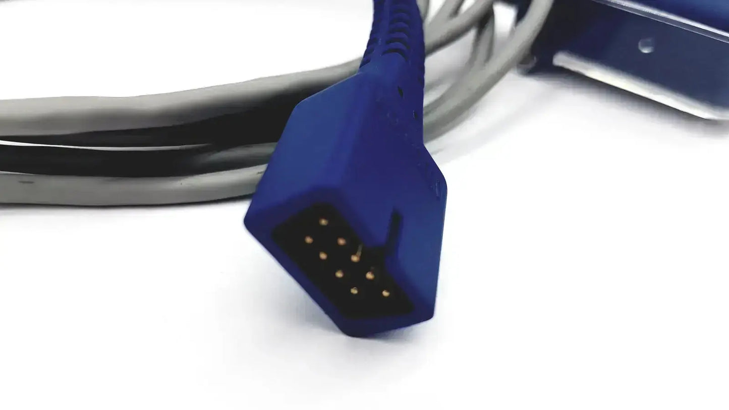 Blue plastic nellcor dec-8 adapter extension connector with nine gold-colored pins for spo2 cable connection