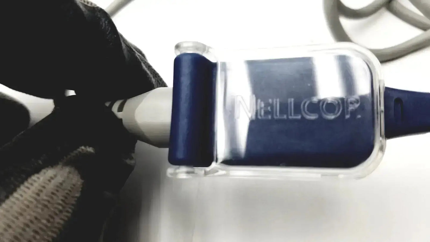 Clear plastic spo2 adapter cable with blue rubberized grip and nellcoop branding for use with nellcor oxygen sensor