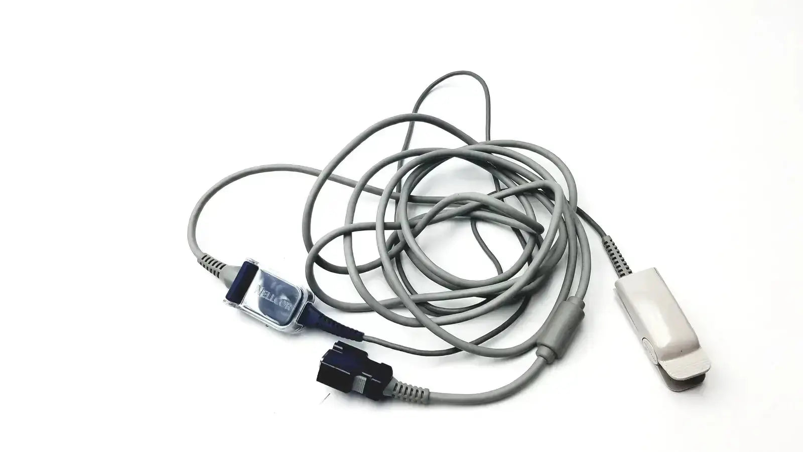 Gray coiled Nellcor original spo2 adapter cable with black connector and white clip attachment for oxygen sensor use