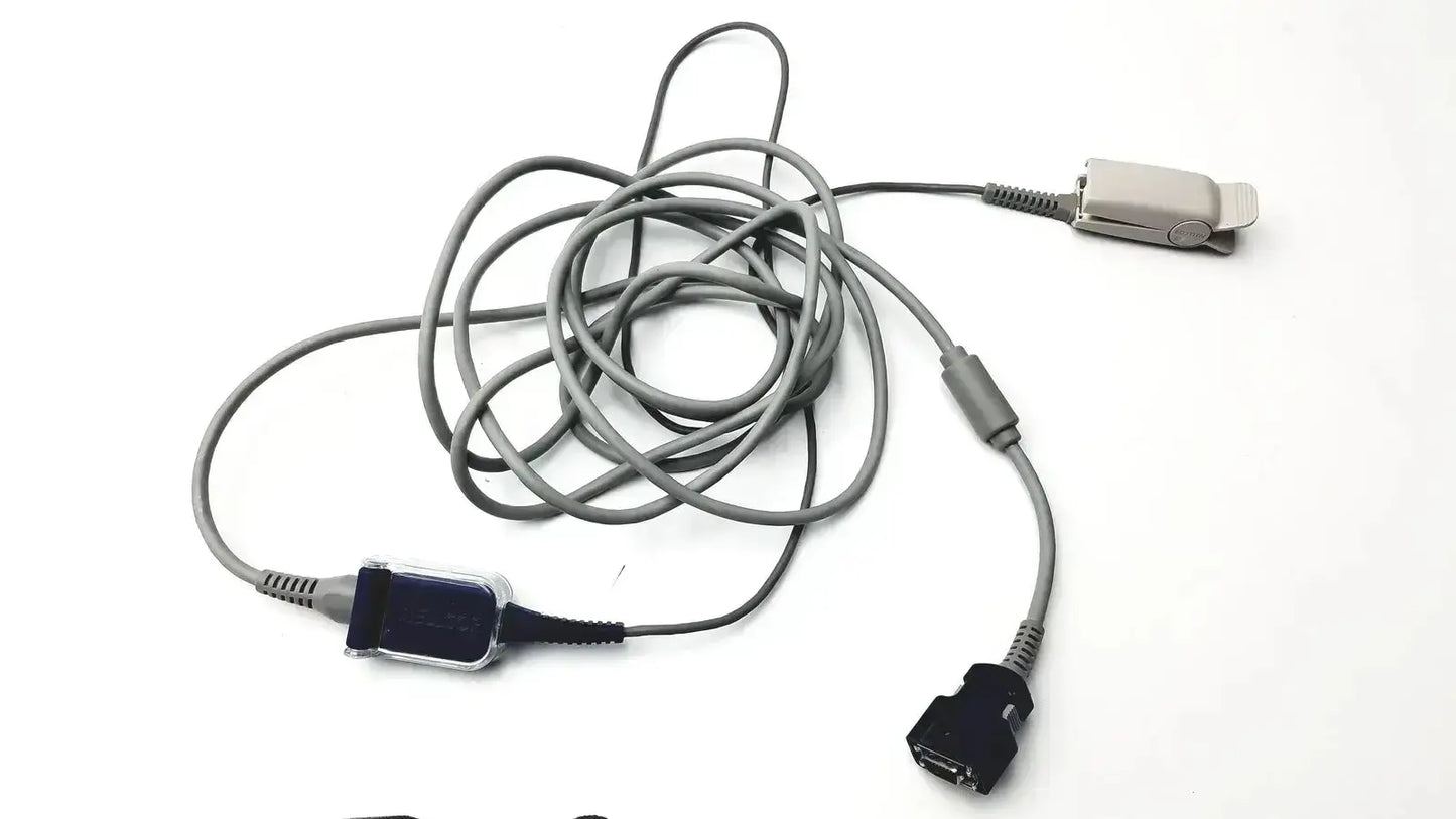 Gray coiled spo2 adapter cable with silver clip and black connectors for nellcor original oxygen sensor use