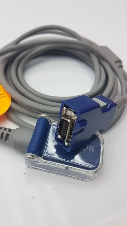 Nellcor pulse oximetry interface cable doc-10 with blue and gray oximetry interface cable and clear plastic connector housing