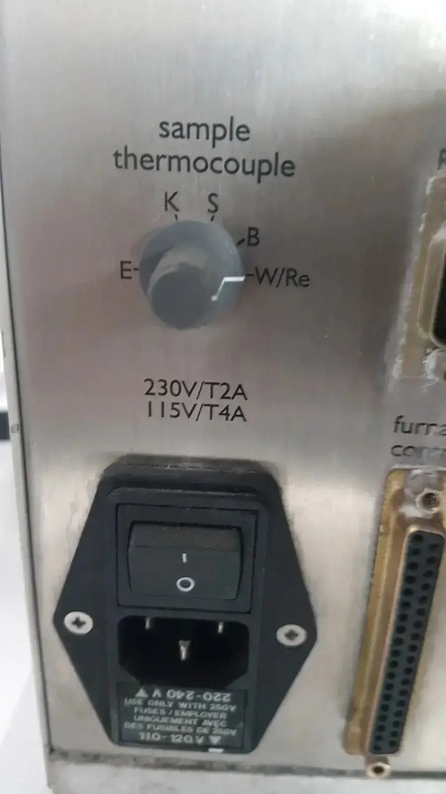 Stainless steel Netzsch GmbH STA 409 PC Luxx simultaneous thermal analyzer control panel with black power switch and thermocouple settings