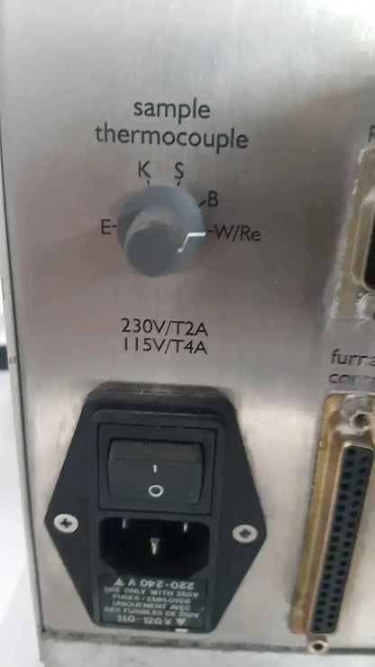 Stainless steel Netzsch GmbH STA 409 PC Luxx simultaneous thermal analyzer control panel with black power switch and thermocouple settings