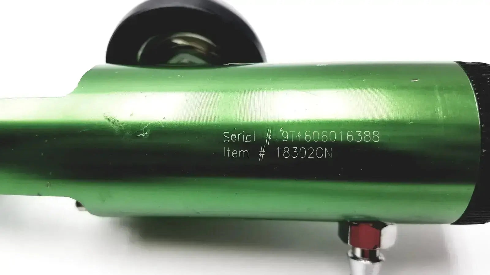 Green metallic air compressor hose with black end caps and engraved serial number for new drive medical oxygen tank regulator model 18302GN