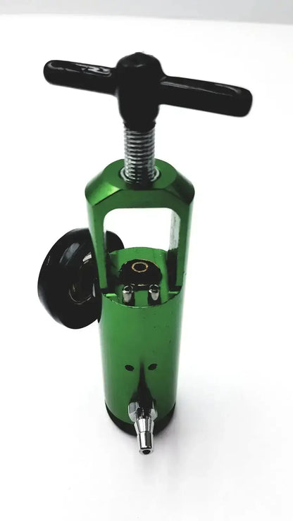 Green metal drive medical mini oxygen tank regulator model 18302GN with black handle and knob for oxygen tanks
