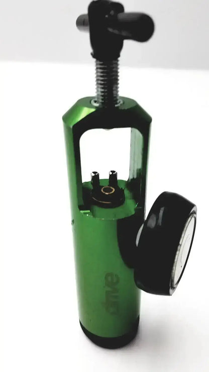 Green metallic oxygen tank regulator with black handle and gauge for new Drive Medical mini oxygen tank model 18302GN