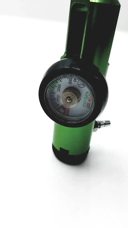 New drive medical mini oxygen tank regulator model 18302gn is a green oxygen tank regulator with black accents and a circular gauge marked oxygen use only