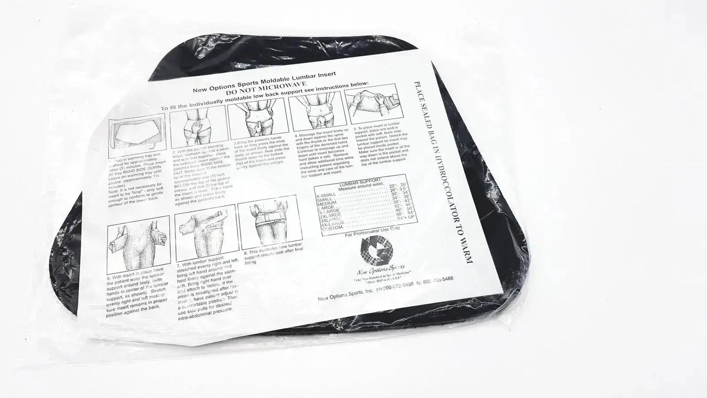 Black plastic-wrapped new option sports moldable lumbar insert with printed instructions and sizing chart do not microwave