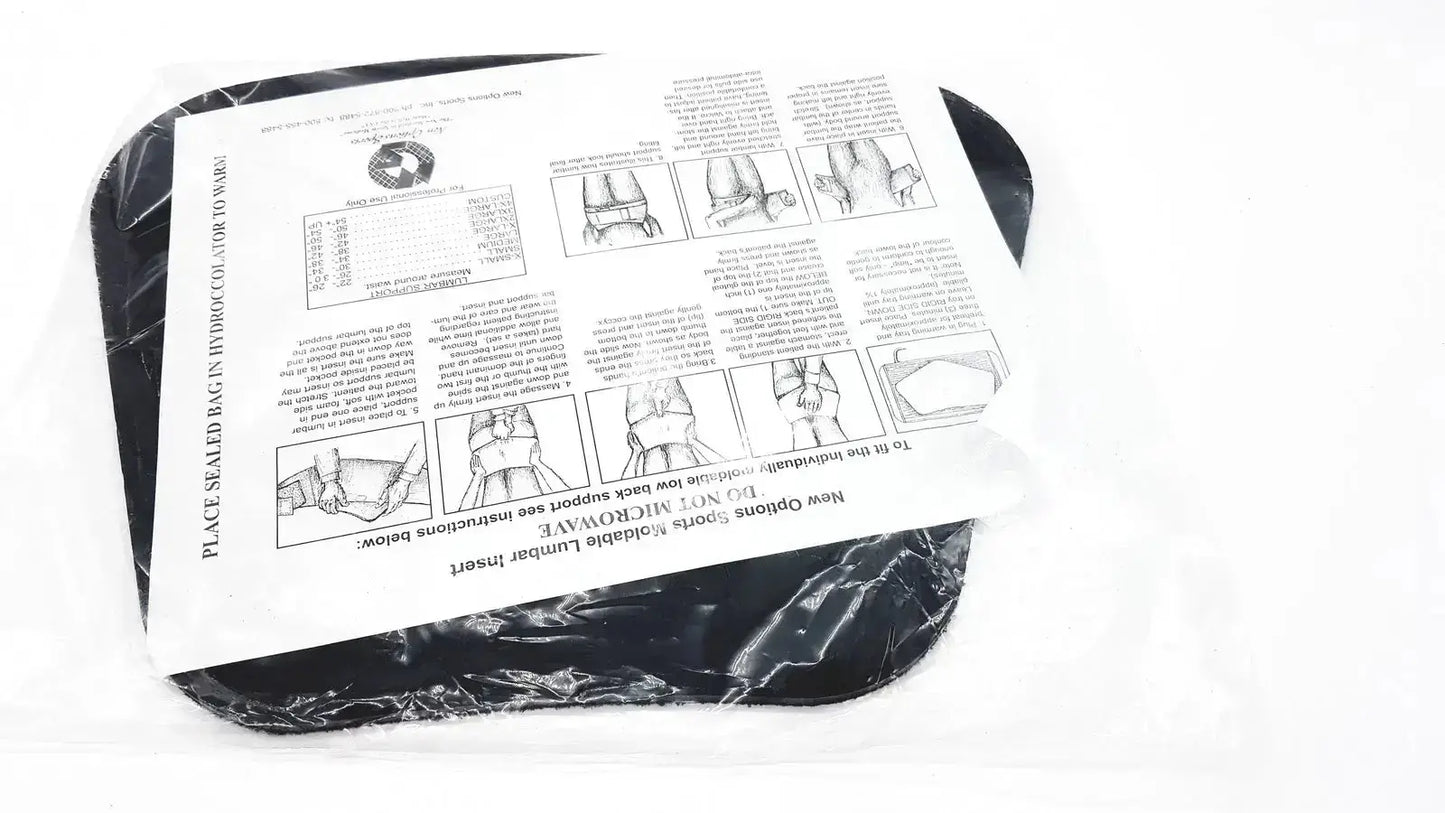 Black plastic-sealed bag containing instructional paper for new option sports moldable lumbar insert do not microwave