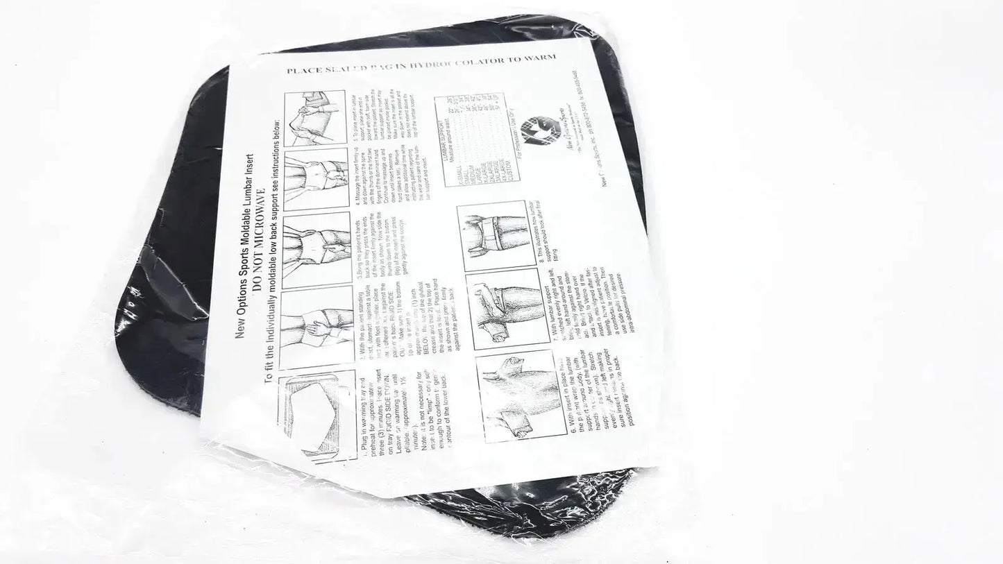 Black plastic moldable lumbar insert for sports in clear packaging with instruction sheet new option do not microwave