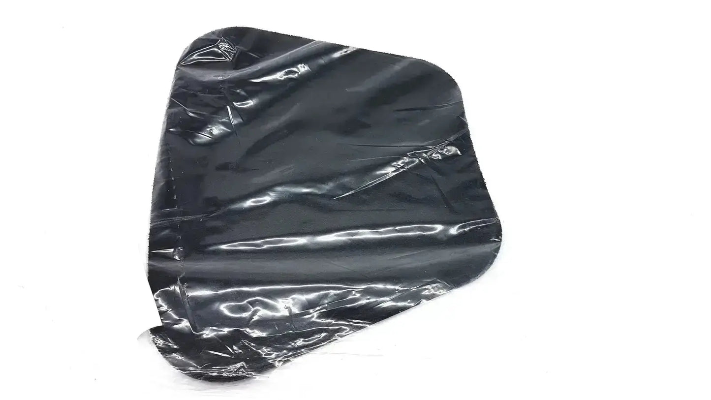 Black plastic bag with a crinkled glossy surface containing a new option sports moldable lumbar insert do not microwave