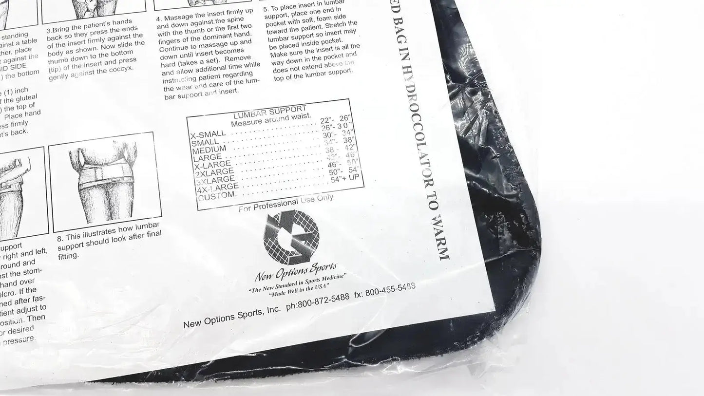Black plastic bag with printed instructions and branding for new option sports moldable lumbar insert do not microwave