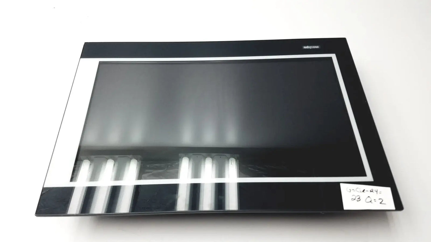 Black rectangular touchscreen display with silver bezel and mitsubishi logo on nexcom ippd2100p multimedia panel pc