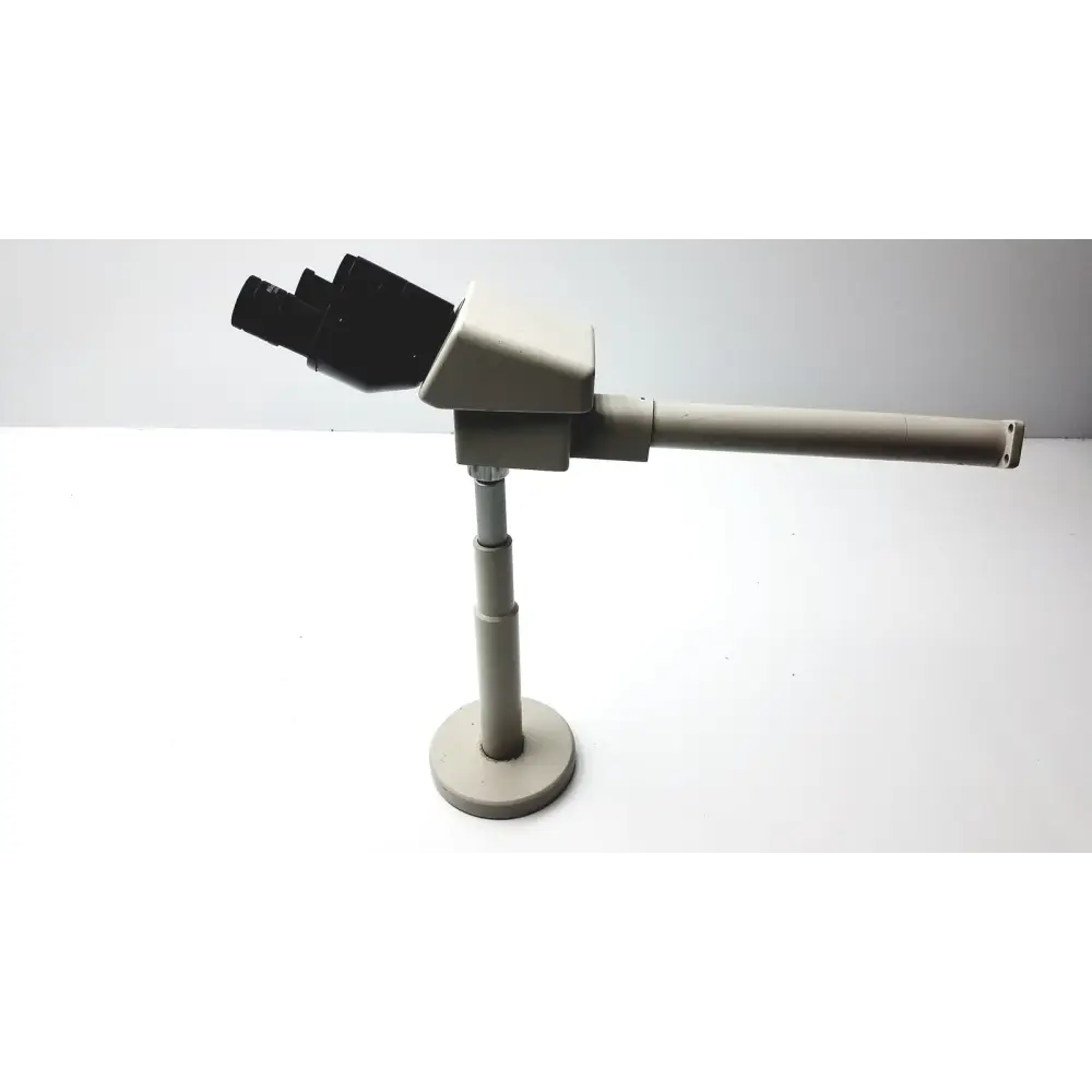 Beige dual eyepiece stereo microscope with black objective lenses and a telescoping arm.