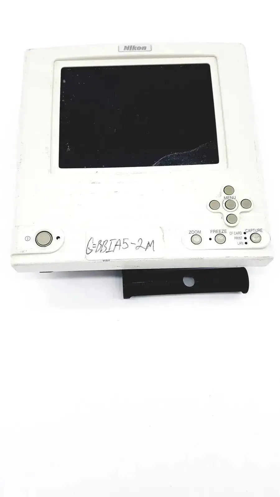 White nikon digital sight microscope camera controller with cracked screen and handwritten label on the back side