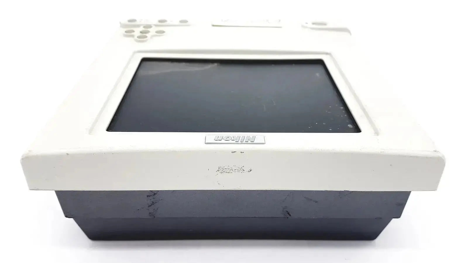 White and black nikon digital sight microscope camera controller showing the back with rectangular screen and keypad