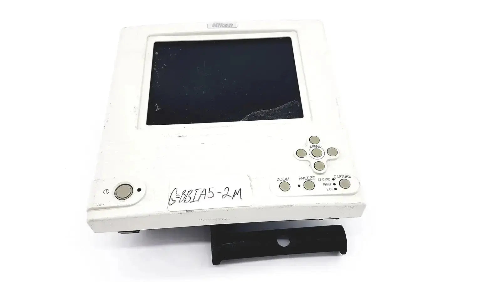 White handheld nikon digital sight microscope camera controller with cracked screen labeled g-981a5-2m on the side