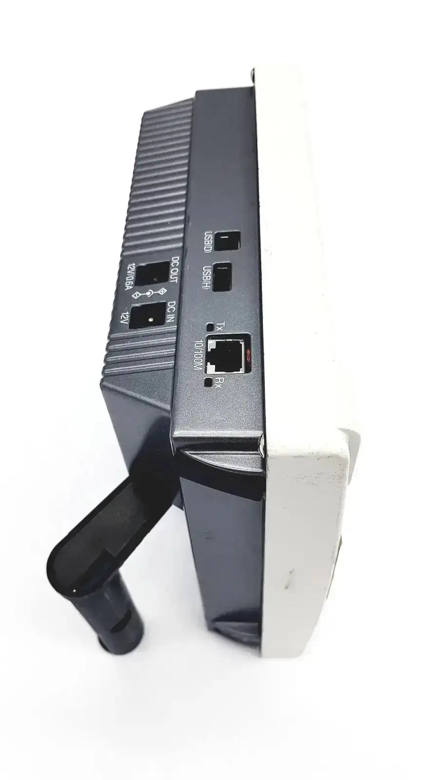 Black and white industrial nikon digital sight microscope camera controller with ribbed side panel and labeled ethernet ports