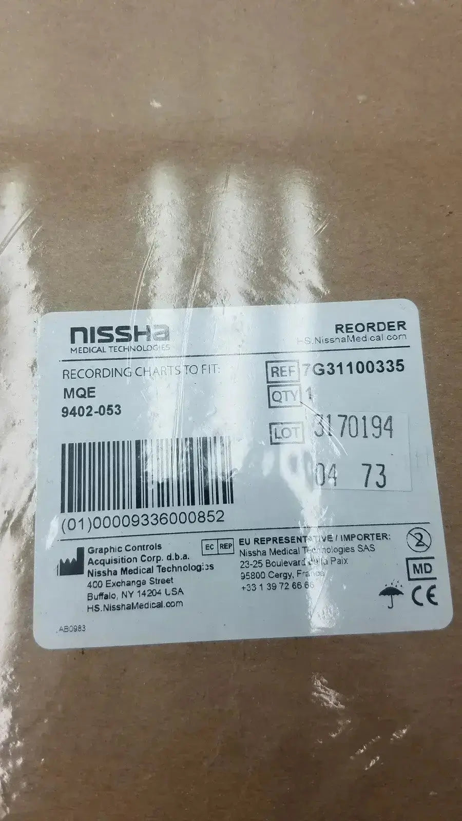 White rectangular label with black printed text and barcode for nissha medical technologies recording charts mqe model