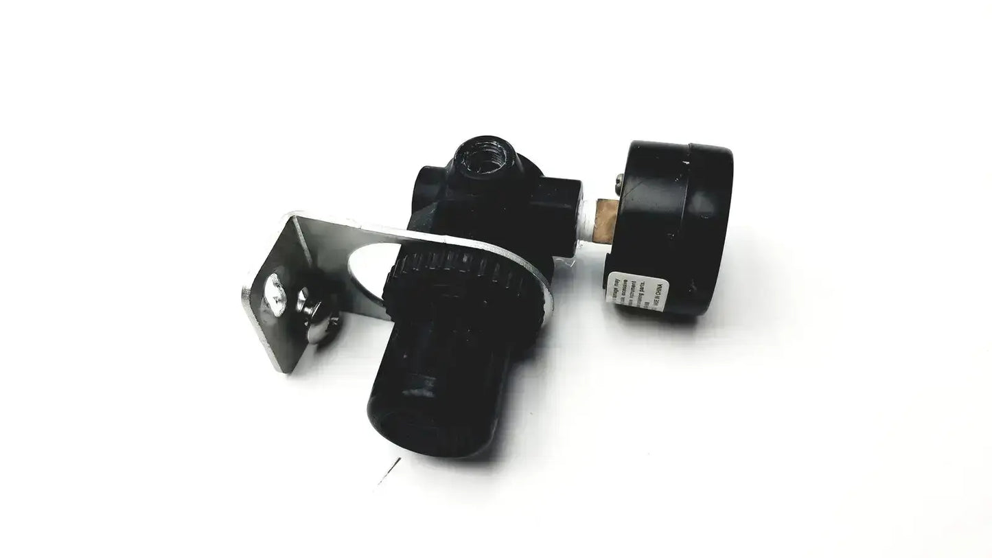 Black norgren r07-100-rgka mini pressure regulator with metallic bracket and circular gauge for precise control