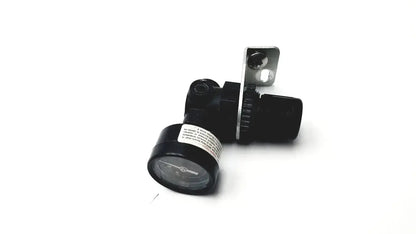 Black norgren r07-100-rgka mini pressure regulator with circular dial gauge and metallic mounting bracket for 1/8 inch ports